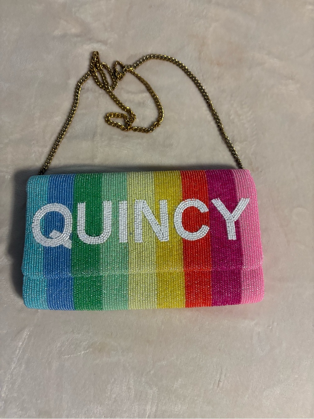 Rainbow Beaded Crossbody Bag with Gold Chain